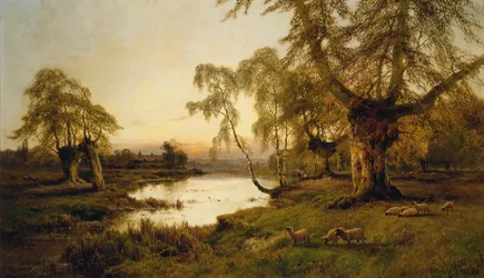 Får som betar vid en sjö vid solnedgången (olja på duk)