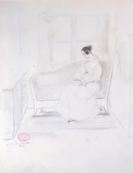 George Sand (1804-76), läser i en soffa bredvid ett fönster, 1833
