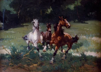Running Horses, målning av Alfredo Tominz (1854-1936), olja på kartong, 67x48 cm, Italien