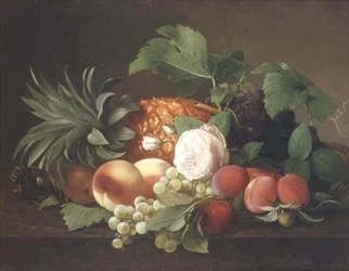Stilleben med ananas, persikor, plommon och vindruvor