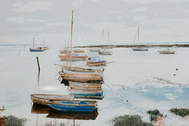 Båtar i Leigh Harbour, 2018 (handmålat fotografi)