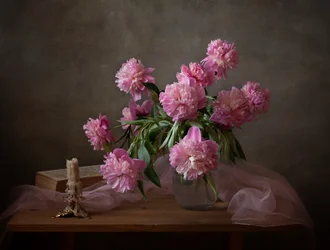 Stilleben med rosa pioner
