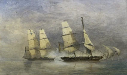 Det "svarta skämtet" som fångar den spanska slavbrigen, "Almirante" i Beninbukten, 1 februari 1829 (akvarell på papper)