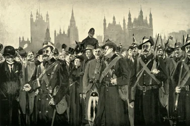 "Londons svar - The City Imperial Volunteers Crossing Westminster Bridge", 1900.