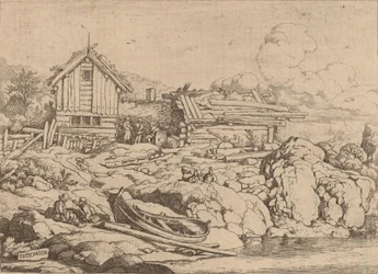 Båt vid en flodstrand med tre getter, förmodligen ca. 16451656.