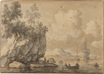 Figurer i roddbåtar i en stenig vik, segelfartyg bortom