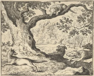 Efter Renards falska berättelse jagas hans far av jakthundar från Hendrick van ..., 1650-75.