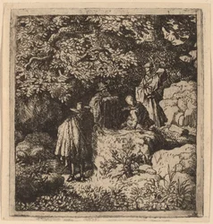 Fyra figurer under ett träd, troligen ca. 16451656.