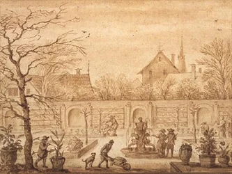 PD.326-1963 Utsikt över en holländsk trädgård, ca 1650-60 (bläck och tvätt)