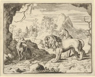 Renard övertygar lejonet och lejoninnan om att hitta en skatt som hans far stal från dem ..., 1650-75.