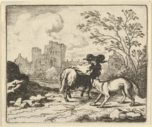 Renard skickar baggen tillbaka till lejonet med ett paket som innehåller kaninhuvudet, 1650-75.