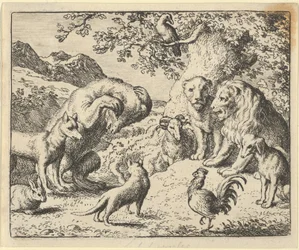 Björnen söker rättvisa från lejonet mot Renard, 1650-75.