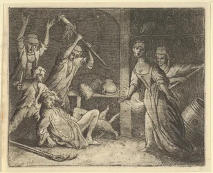 Katten, fångad i en snara, misshandlas av folket från huset, 1650-75.