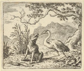 Storken tar bort ett ben från vargens hals från Hendrick van Alcmars Renard The F..., 1650-75.