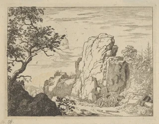 Två män som sitter vid foten av en hög klippa, 1600-talet.