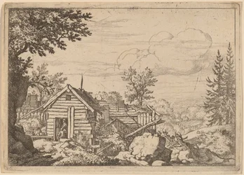 Två män i dörröppningen till en koja, förmodligen ca. 16451656.