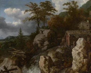 Vattenfall med timmerstugor, ca 1665-1670 (olja på duk)