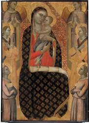 Den majestätiska jungfrun omgiven av sex änglar Altartavla av Allegretto Nuzi (1350-1375). Dämpa. 138 x 99 cm. Avignon, museum för det lilla palatset