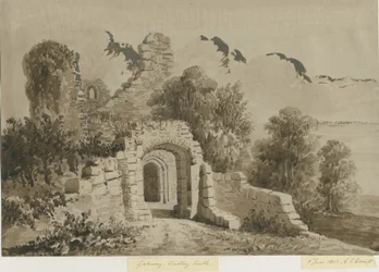 Dudley Castle - The Gateway: röd-sepia tvättteckning, 8 juni 1843