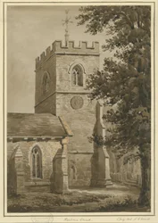 Harborne Church: röd sepiateckning, 2 juli 1842