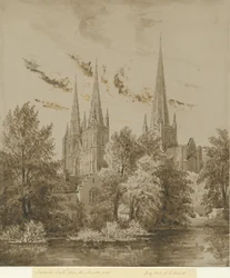 Lichfield Cathedral - South West View: sepiateckning, juli 1842