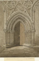 Lichfield Cathedral - West Doorway: röd/brun sepiateckning, 27 augusti 1842