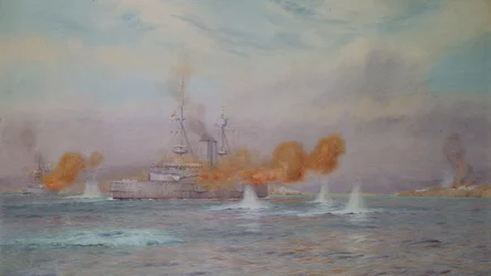 H.M.S. Albion under befäl av kapten A. Walker-Heneage avslutade förstörelsen av Dardanellernas yttre fort 1915, 1925
