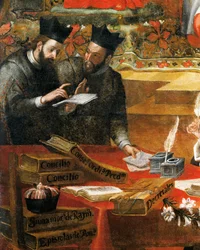 Diskussion mellan två jesuiter, detalj från den helige Raymond av Penafort, rådgivare till påven Gregorius IX, av Alonso Antonio Villamor (1661-1729). Från St Stevens kloster, Salamanca, Spanien.