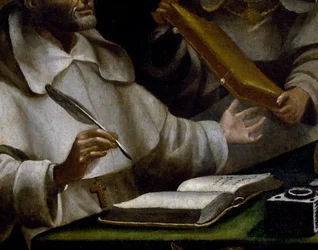 Händerna på den helige Albert när han skriver, detalj av den helige Paulus som dyker upp för den helige Albert den store och den helige Thomas av Aquino, målning av Alonso Antonio Villamor (1661-1729), detalj