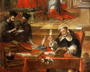 Två jesuiter pratar medan den helige Raymond skriver rådet, detalj från den helige Raymond av Penafort, rådgivare till påven Gregorius IX, av Alonso Antonio Villamor (1661-1729). Från klostret St Esteban, Salamanca, Spanien.