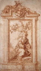 Arkitektonisk design med kvinnlig figur och Putti (penna & bläck och tvätt på papper)
