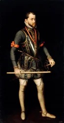 ""Porträtt av Filip II (1527-1598), kung av Spanien"" (Porträtt av Filip II (1527-1598), kung av Spanien och Portugal) Målning av Alonso Sanchez Coello (1531-1588) Olja på duk Dim 187x100 cm Staatliche Museen, Berlin