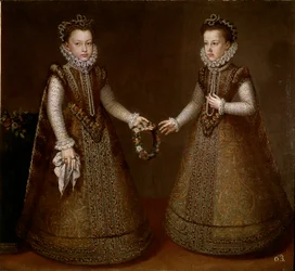 Porträtt av Isabella och Catherine, döttrar till kung Filip II (1527-1598) av Spanien Målning av Alonso Sanchez-Coello (Sanchez Coello) (cirka 1531-1588) 1570 runt Madrid, Pradomuseet