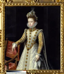 Porträtt av spädbarnet Isabelle Claire Eugenie (1566-1633), suverän i Nederländerna. Målning av Alonso Sanchez Coello (1531 - 1588) Ec. Esp.