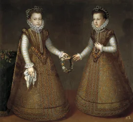 Infantas Isabel Clara Eugenia (Isabelle Claire Eugenie av Österrike) (1566-1633) och Catherine Michelle av Spanien (1567-1597) (Catherine Michelle av Österrike) av Sanchez Coello, Alonso (1531-1588), ca. 1575 - Olja på duk