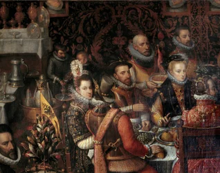 Banketten för monarkerna av huset Österrike. Detalj som till höger visar Anna av Österrike (1549-1580), hustru till Filip II av Spanien (1527-1598), med sitt följe, och till vänster infantan Isabella Clara Eugenia (1566-1633).