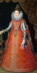 Porträtt av infantan Isabella Eugenia, stående i helfigur i en brokadklänning, 1593