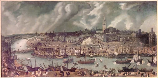Vy över staden Sevilla (Spanien). Målning tillskriven Alonso Sánchez Coello (Sánchez Coello) (omkring 1531-1588). Slutet av 1500-talet