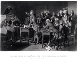 Patrick Henry talar till Virginia Assembly, mars 1775 graverad av Henry Bryan Hall (1808-84), 1856