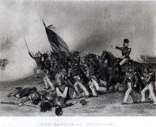 Slaget vid Chippewa, general Scott beordrar laddningen av McNeils bataljon, 5 juli 1814, graverad av Johnson, Fry und Co. (gravyr) (bundw foto)