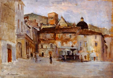 Assisi av Alfonso Hollaender (1845-1923), olja på panel