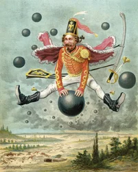 Baron Münchhausen rider på en kanonkula under striden med Tippoo, ur ”Baron Münchhausens äventyr” av Rudolf Erich Raspe (1736-94), utgiven omkring 1886