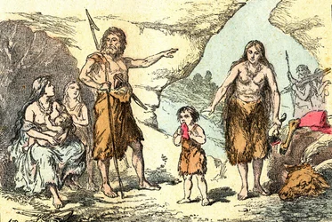 En familj vid renarnas tidevarv (Prehistoire): Naturligt skapande och levande varelser. Ritning A. Demarle. 1885