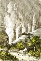 Förhistoria- Cataracts of Zambeze: Naturlig skapelse och levande varelser. Teckning av A. Demarle. 1885