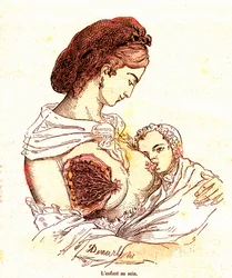 Barnet i bröstet (J. Rengades normala liv & hälsa) - Amning. Teckning av A. Demarle 1881