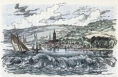 Vy över Seines tidvattenlopp till Caudebec-en-Caux (Caudebec en Caux) i Seine Maritime, Normandie (tidvattenloppet i Seine-floden a Caudebec en Caux, Normandie) Gravyr från "" La nature et l