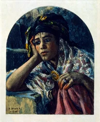 Illustration av Dinet ur "Mirages" Scener ur det arabiska livet. 1906. Mirages, Scenes De La Vie Arab illustrerades av Etienne Dinet och kommenterades av Silman Ben Ibrahim Bamer. Nasreddine Dinet föddes som Alphonse-Etienne Dinet; (1861-1929) var en frans