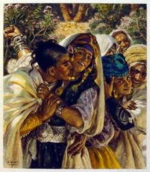 Illustration av Dinet ur "Mirages" Scener ur det arabiska livet. 1906. Mirages, Scenes De La Vie Arab illustrerades av Etienne Dinet och kommenterades av Silman Ben Ibrahim Bamer. Nasreddine Dinet föddes som Alphonse-Etienne Dinet; (1861-1929) var en frans