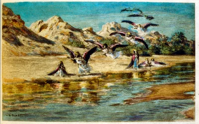 Illustration av Dinet ur "Mirages" Scener ur det arabiska livet. 1906. Mirages, Scenes De La Vie Arab illustrerades av Etienne Dinet och kommenterades av Silman Ben Ibrahim Bamer. Nasreddine Dinet föddes som Alphonse-Etienne Dinet; (1861-1929) var en frans