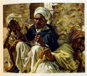 Illustration av Dinet ur "Mirages" Scener ur det arabiska livet. 1906. Mirages, Scenes De La Vie Arab illustrerades av Etienne Dinet och kommenterades av Silman Ben Ibrahim Bamer. Nasreddine Dinet föddes som Alphonse-Etienne Dinet; (1861-1929) var en frans